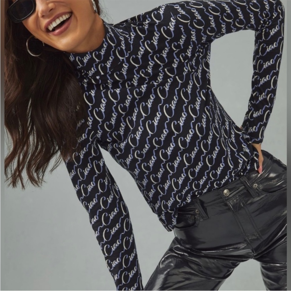 Anthropologie Maeve Ciao Graphic Print Turtleneck Top Preppy Urban Coastal XS - Picture 2 of 9